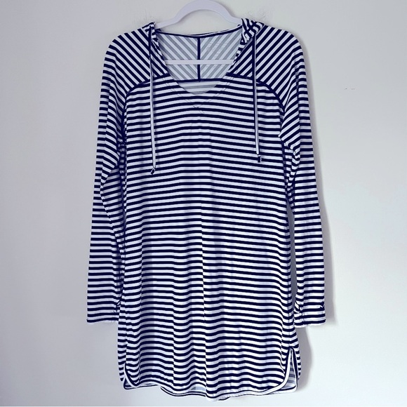Coolibar Seacoast Swim Cover-Up Hooded Dress Black & White Stripe Beachy Coastal - Picture 3 of 16
